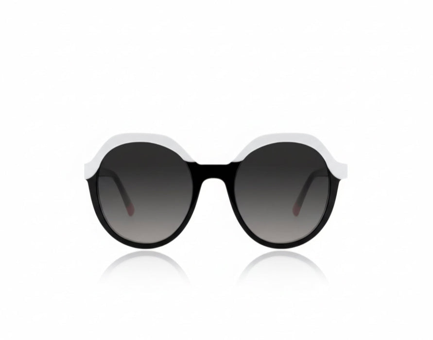 Black and white subtle cat eye sunglasses for wide nose bridge low nose bridge and high cheek bones 
